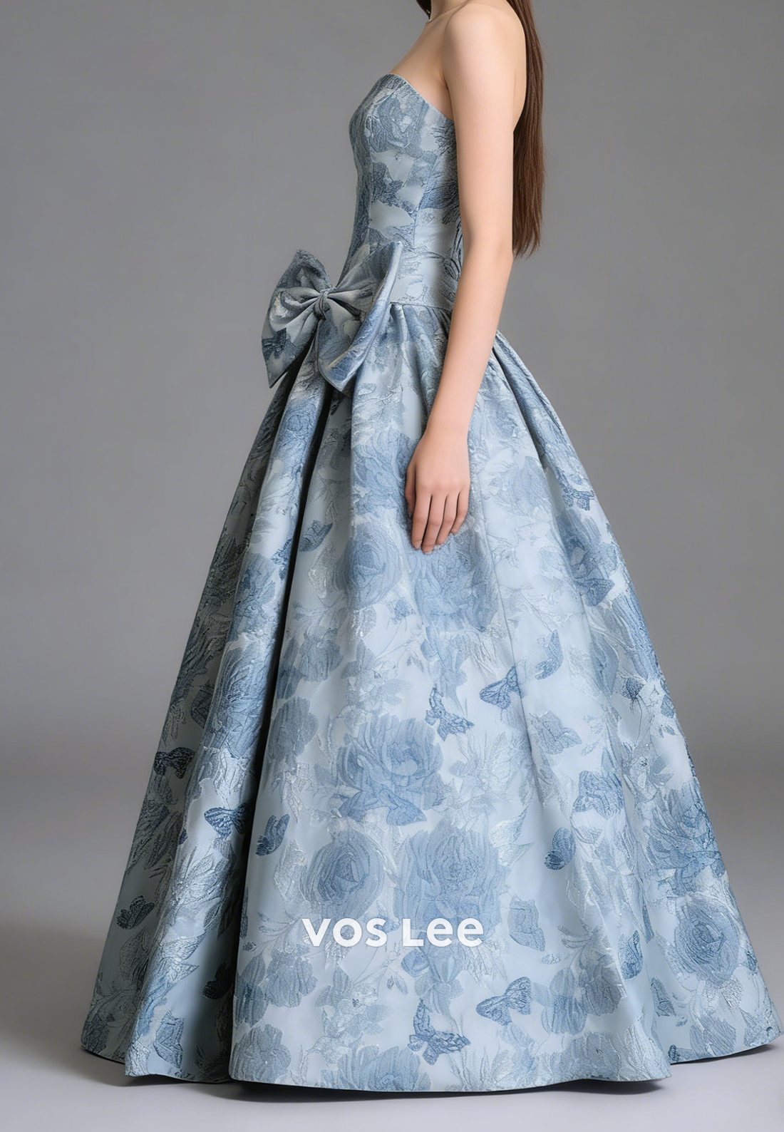 New A Line Strapless Jacquard Long Prom Dresses With Bow