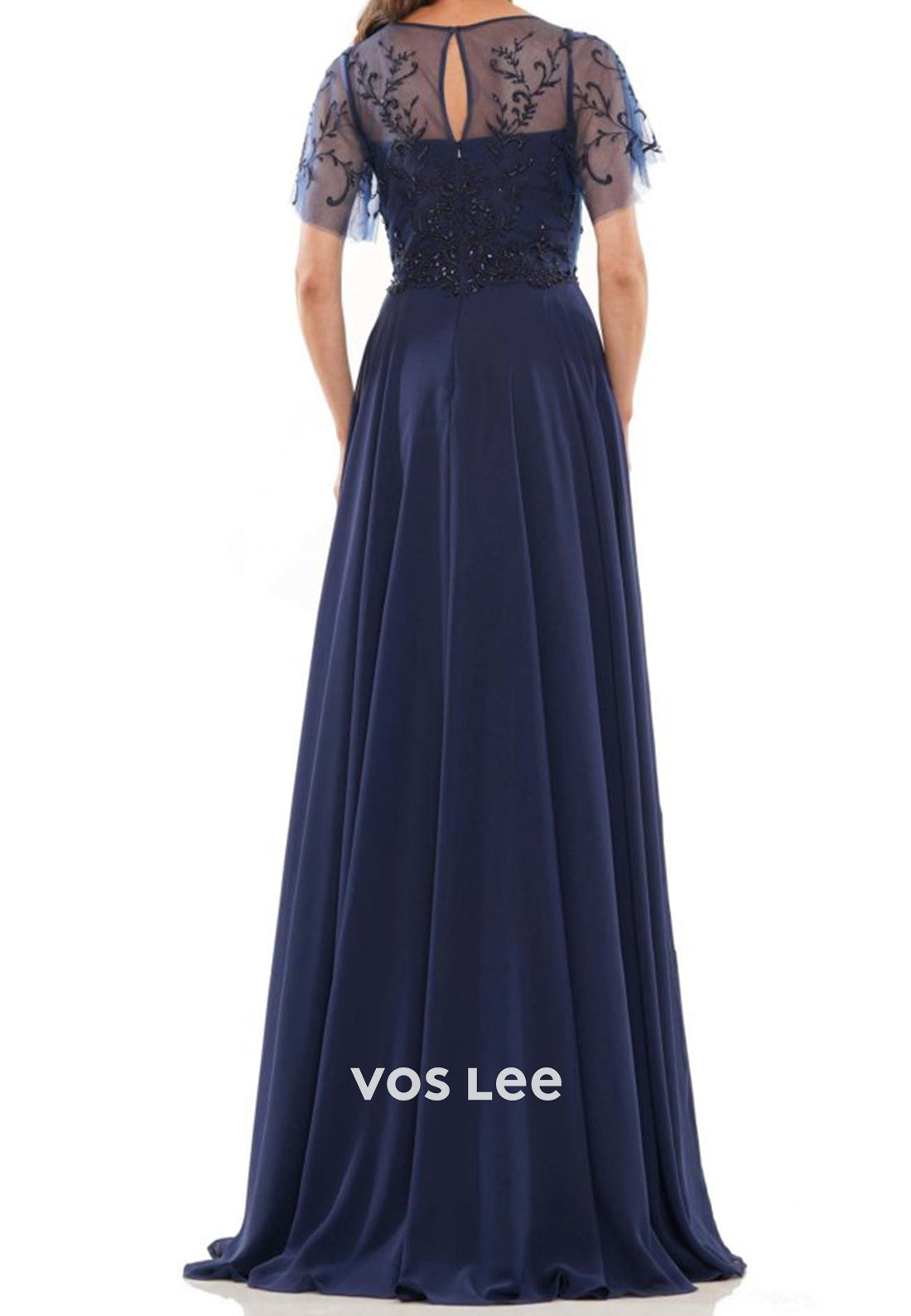 Illusion Neck Short Sleeve Appliques Floor-Length Mother of Bride Dresses