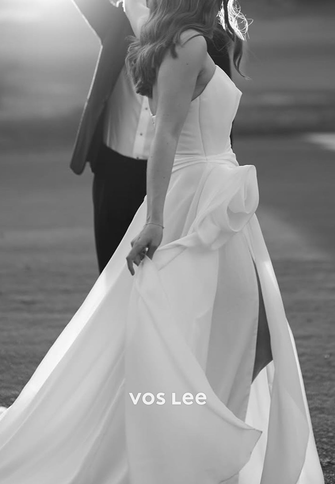 A-Line Strapless High Split Ruched Wedding Dresses with Court Train