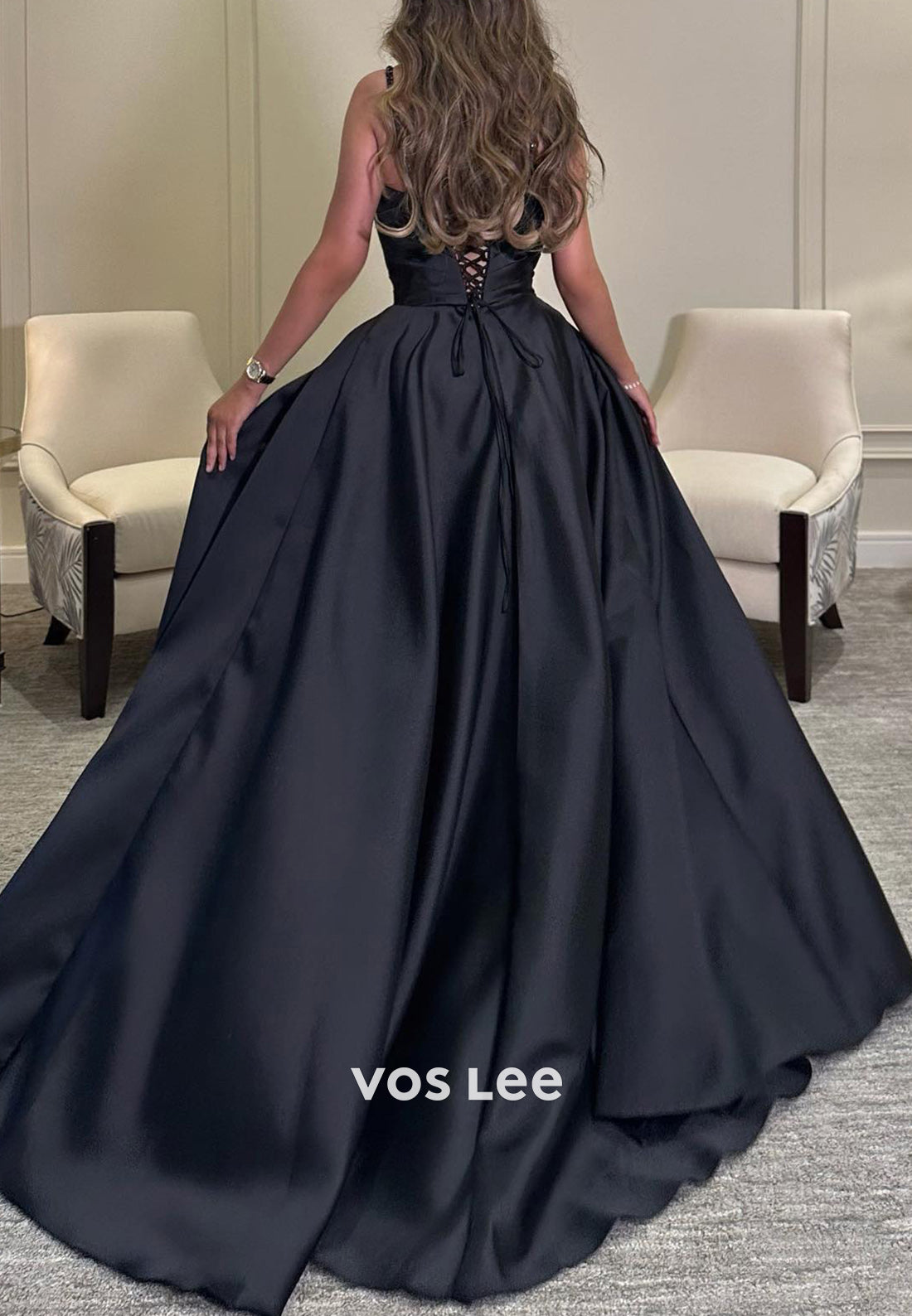 A-Line Spaghetti Straps Sweetheart Rhinestone Split Evening Dresses with Sweep Train