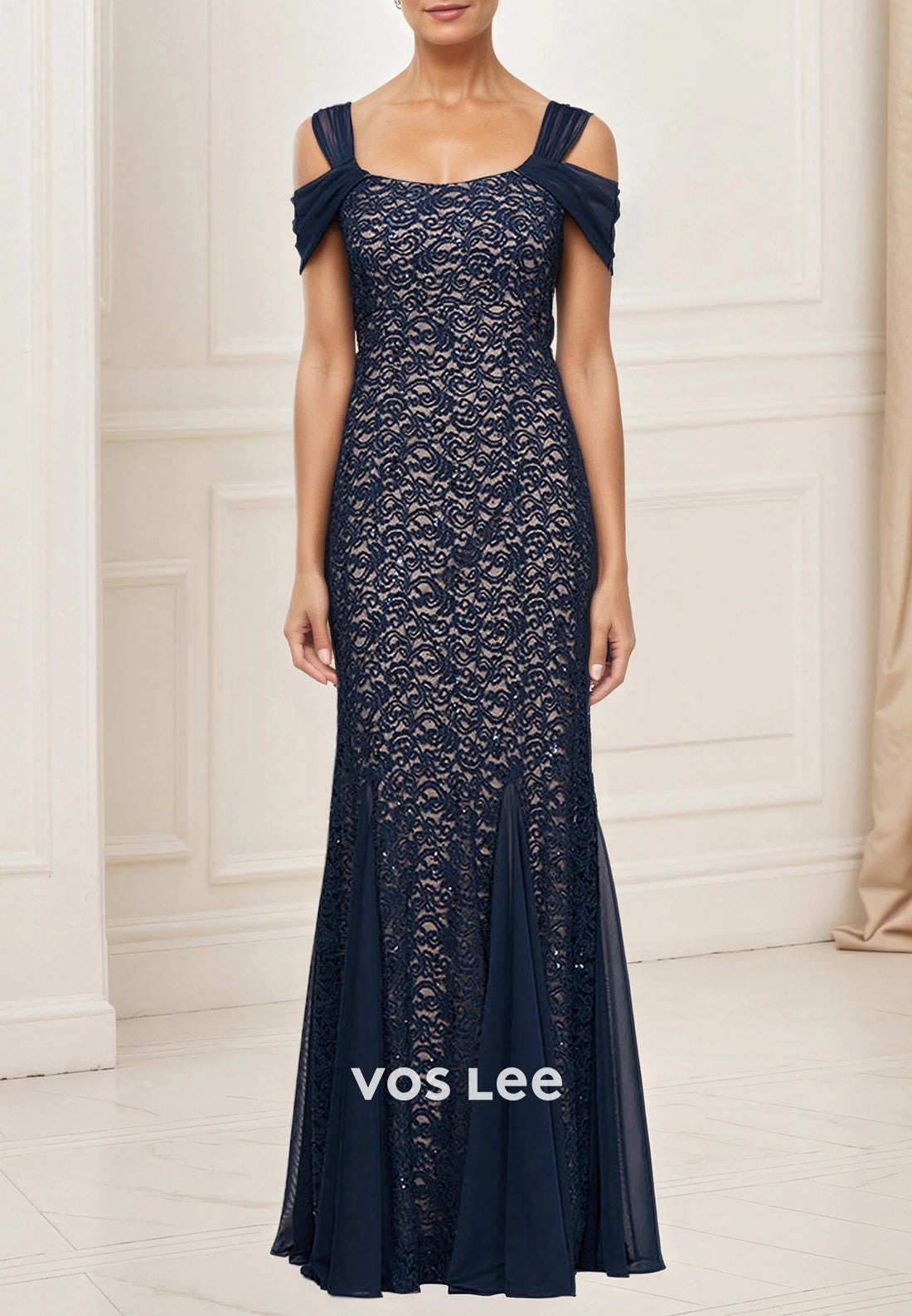 Off the Shoulder Appliques Lace Floor-Length Pleated Sheath Mother of Bride Dresses