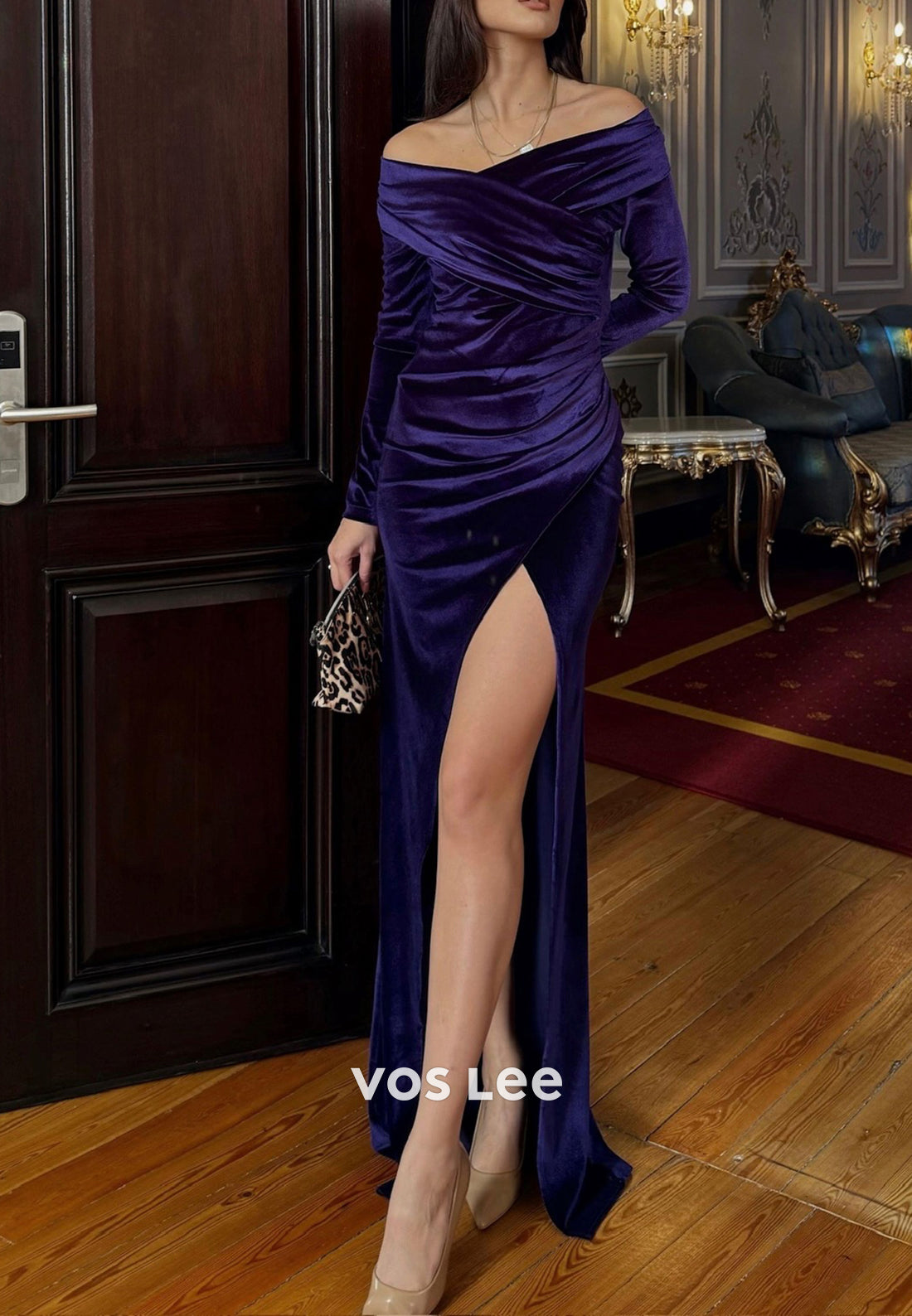 Regency Long Sleeve Off the Shoulder Mermaid Evening Dresses with High Split