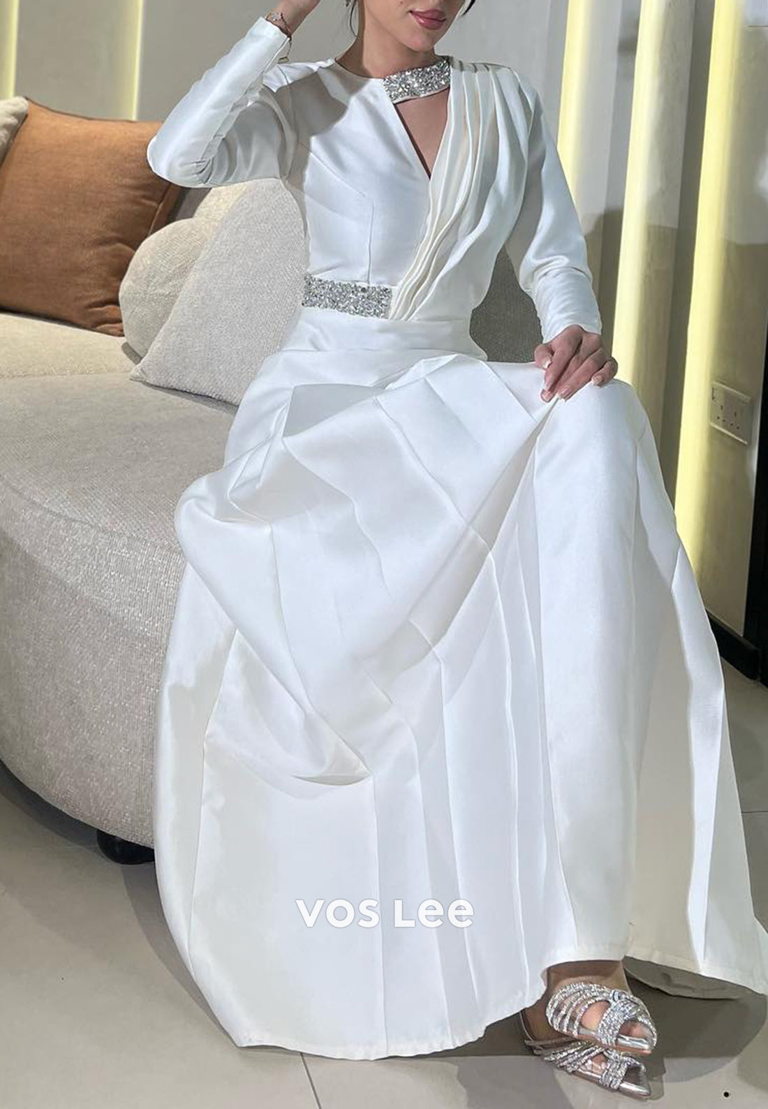 A-Line Long Sleeve V Neck Ankle-Length Ruched Evening Dresses
