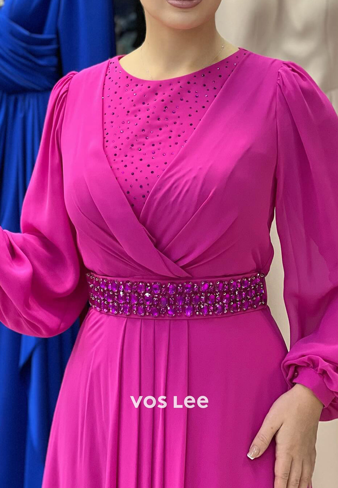 A-Line Long Sleeve Scoop Rhinestone Embellished Floor-Length Evening Dresses