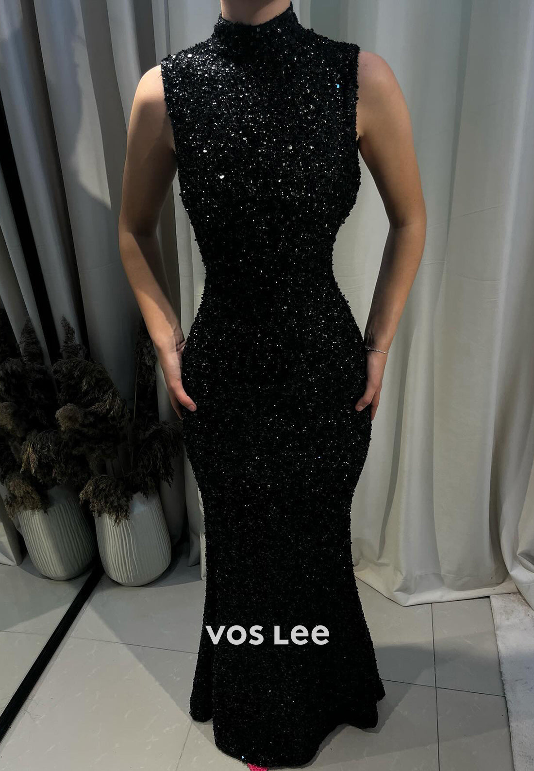 Classic & Timeless High Neck Fully Sequined Beaded Pleated Sheath Evening Dresses