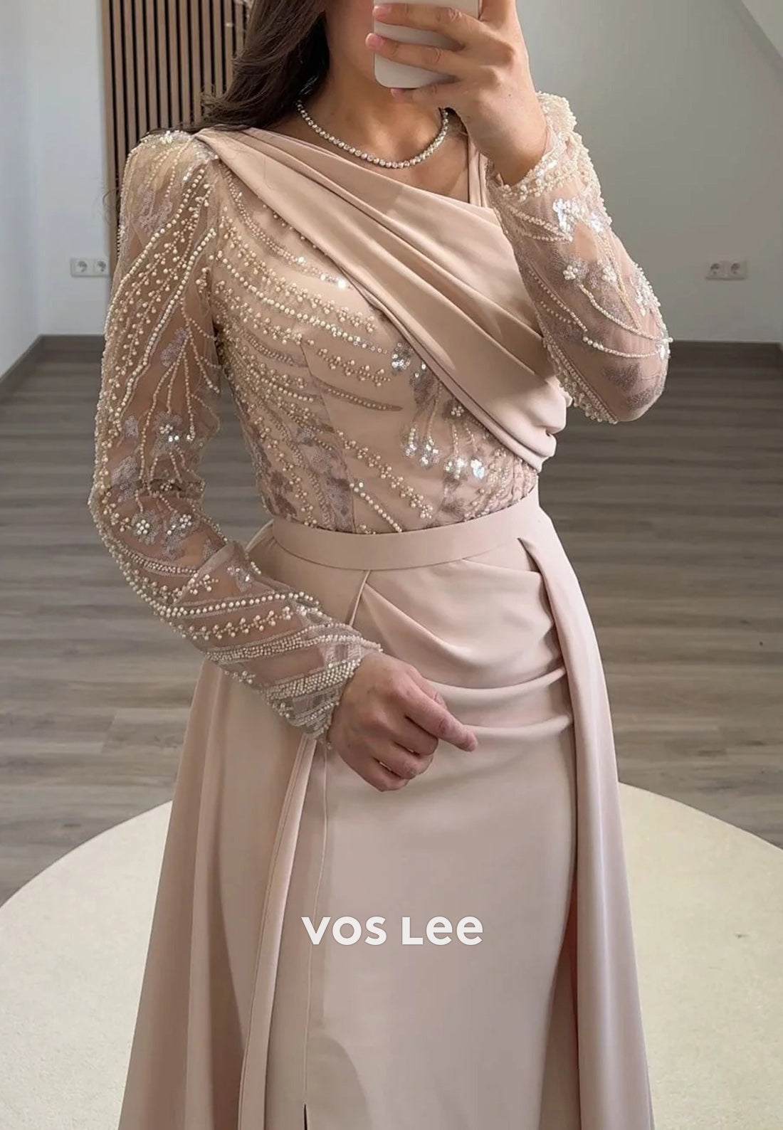 Long Sleeve Asymmetrical Neck Beaded Sequins Mermaid Evening Dresses with Sweep Train