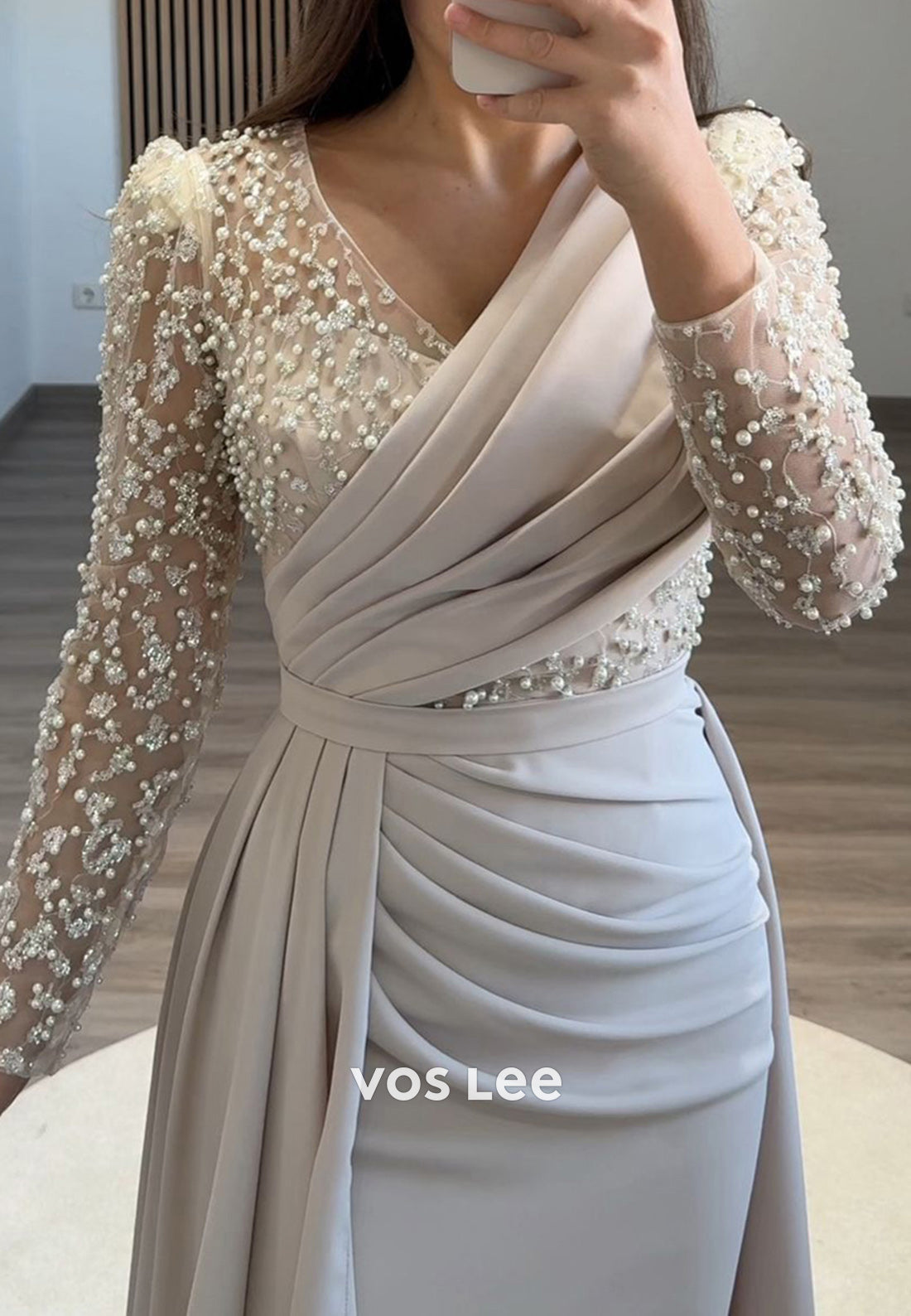 Formal Beaded V Neck Long Sleeves with Train Evening Dress Party Gown