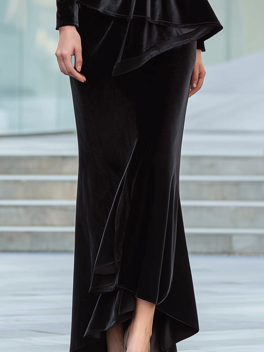 Obsidian Cascade Layered Velvet Gown