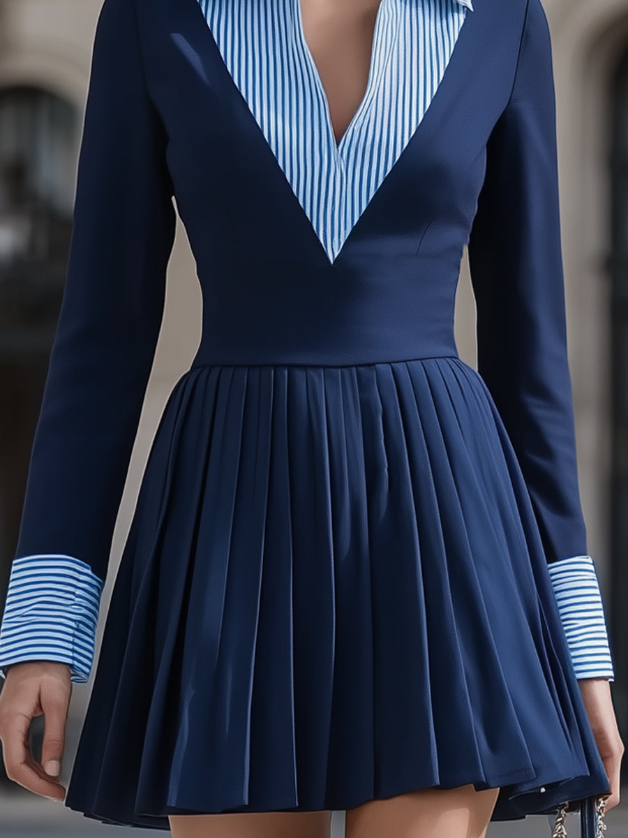 Navy Pleated Mini Dress With Striped Shirt Collar Detail