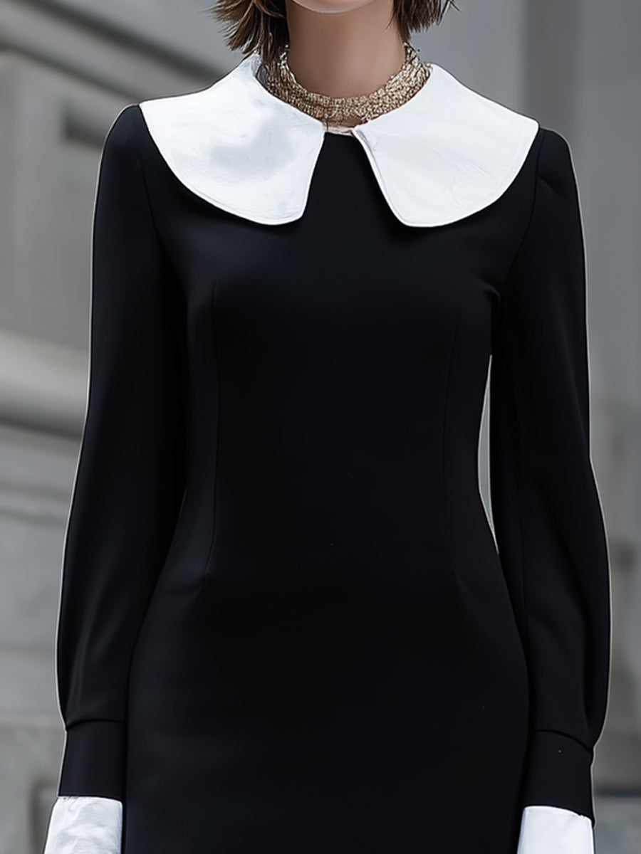 Black Contrast-Collar Mini Dress With White Cuffs