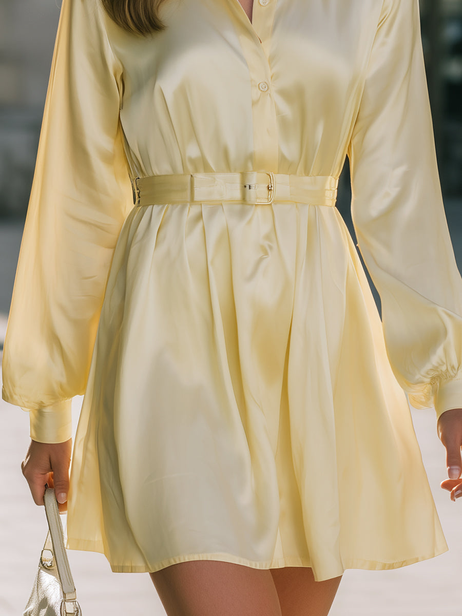 VOS LEE Satin Belted Shirt Mini Dress