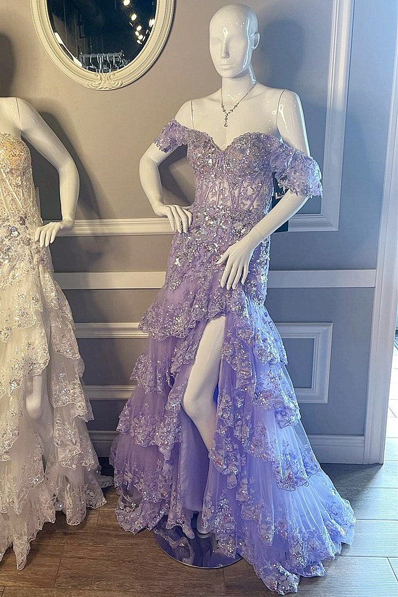 Ornate Off Shoulder A-Line Lace Appliques Tulle Sequins Prom Evening Dress