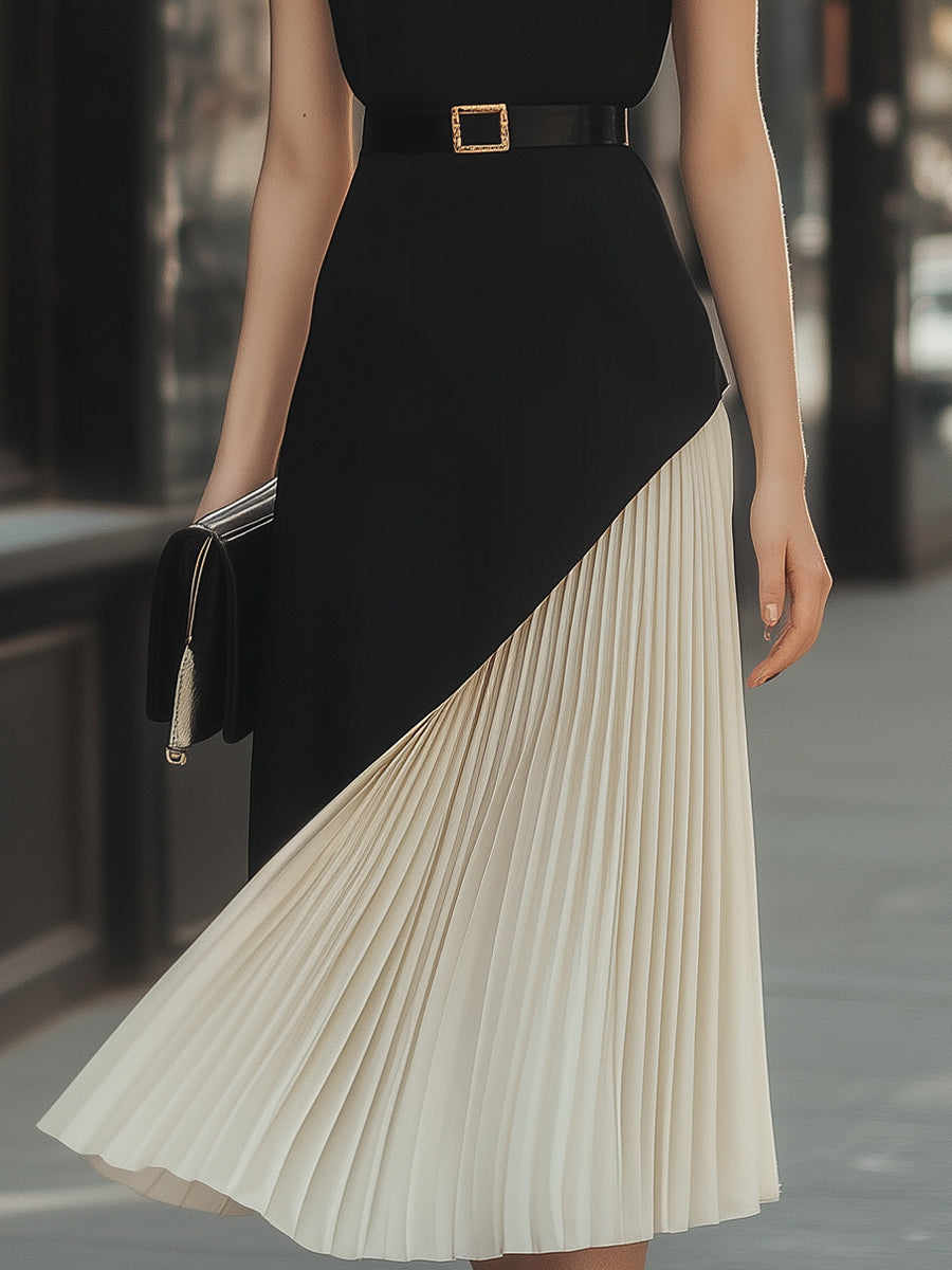 Elegant Black Top And Ivory Pleated Skirt Midi Dress