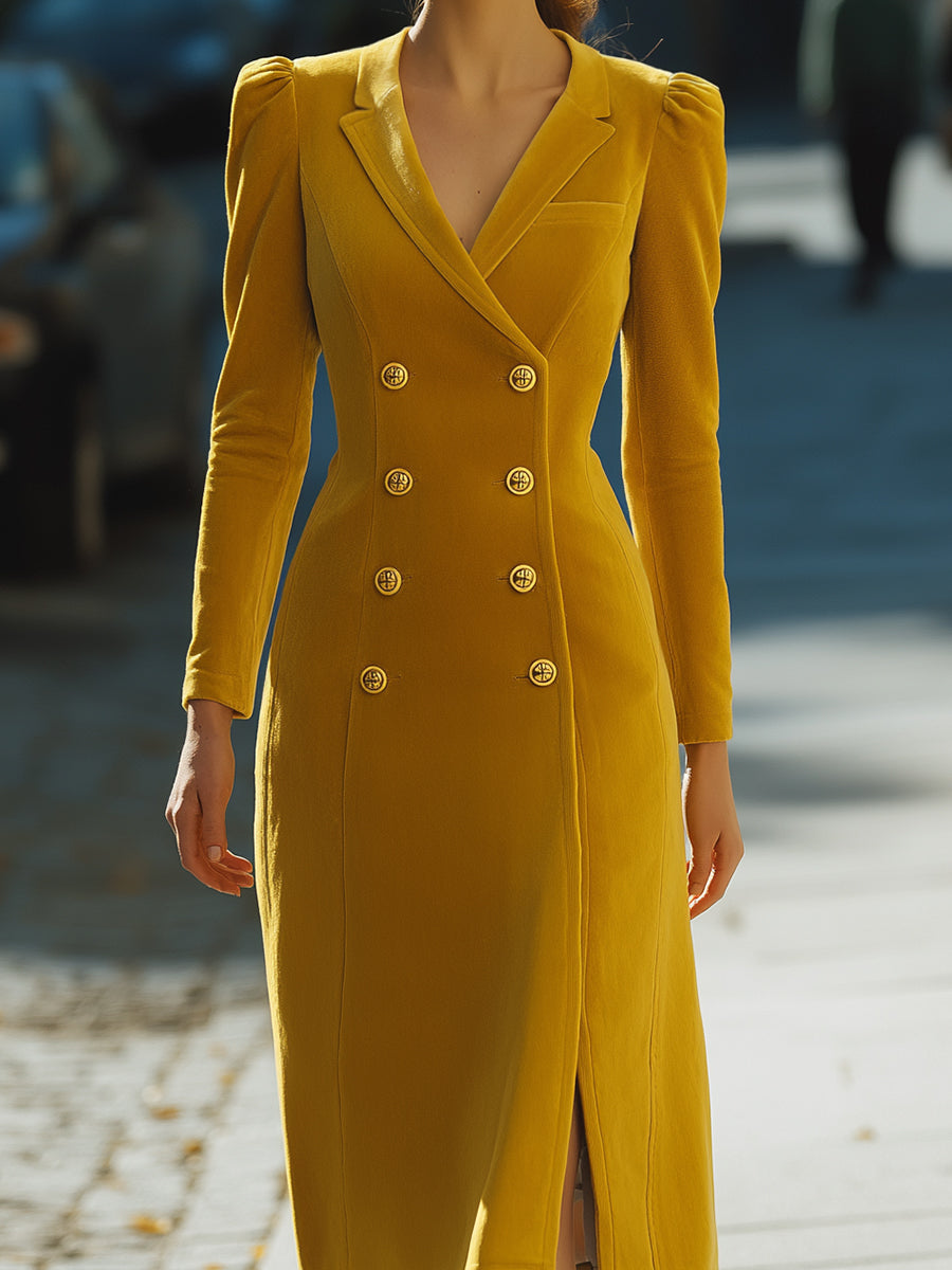 Double-Breasted Power Shoulder Midi Dress