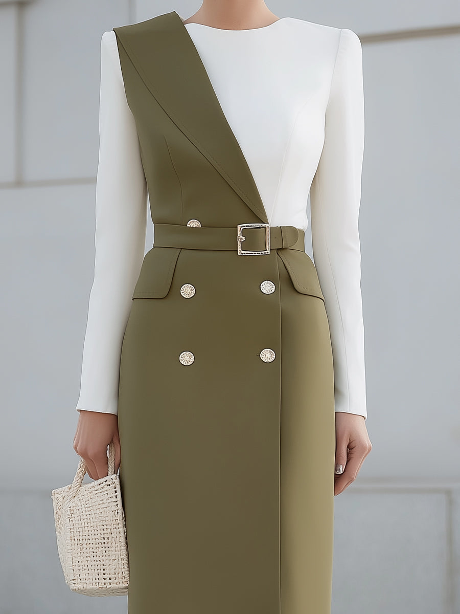 Olive Green And White Asymmetric Panel Belted Midi Dress