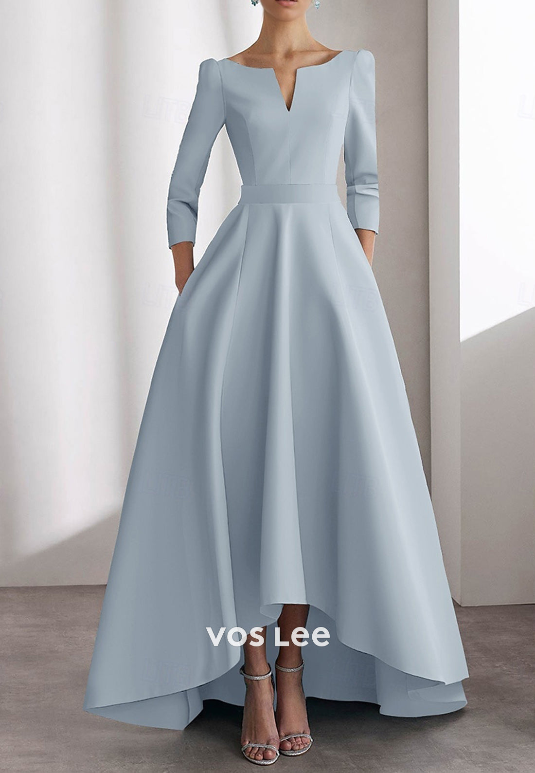 Simple & Casual A-Line V Neck 3/4 Sleeve Pleated Evening Dresses with Sweep Train
