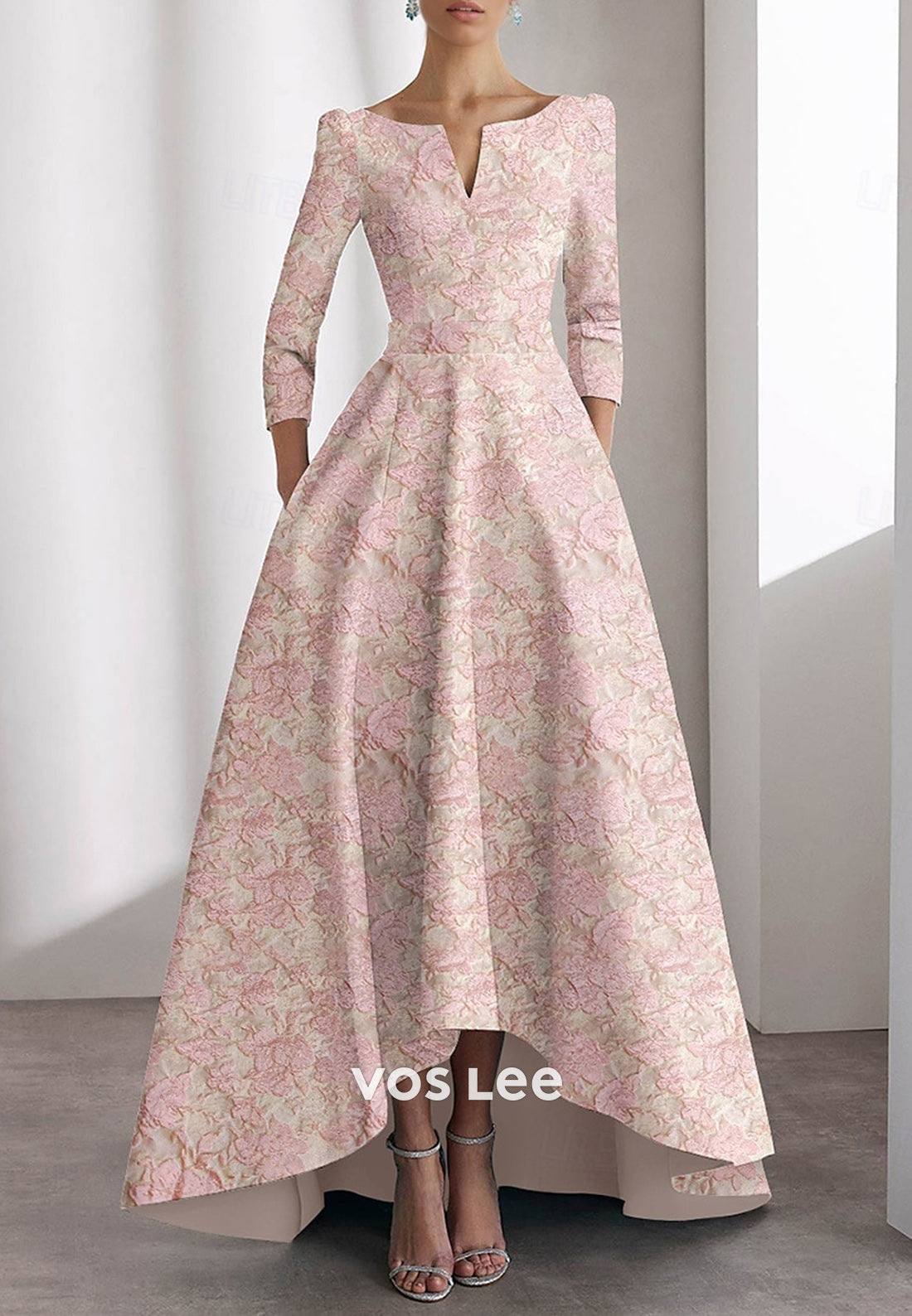 High Low A-Line 3/4 Sleeve Scoop Floral Embellished Evening Dresses