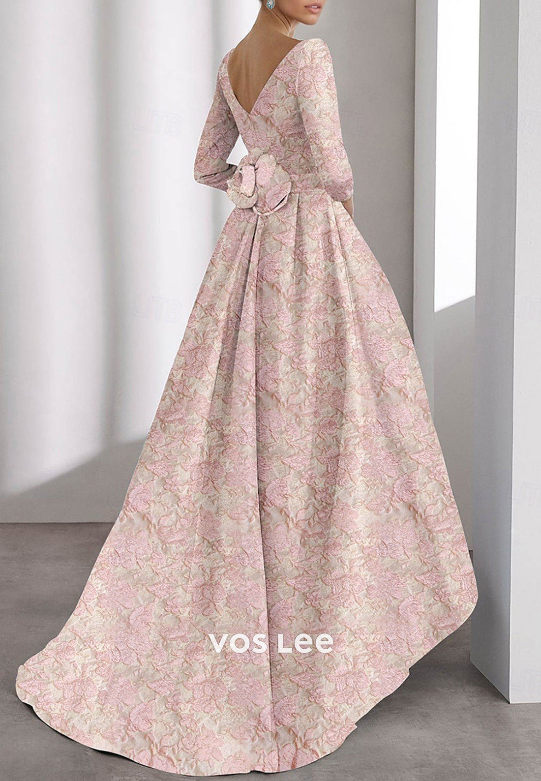 High Low A-Line 3/4 Sleeve Scoop Floral Embellished Evening Dresses