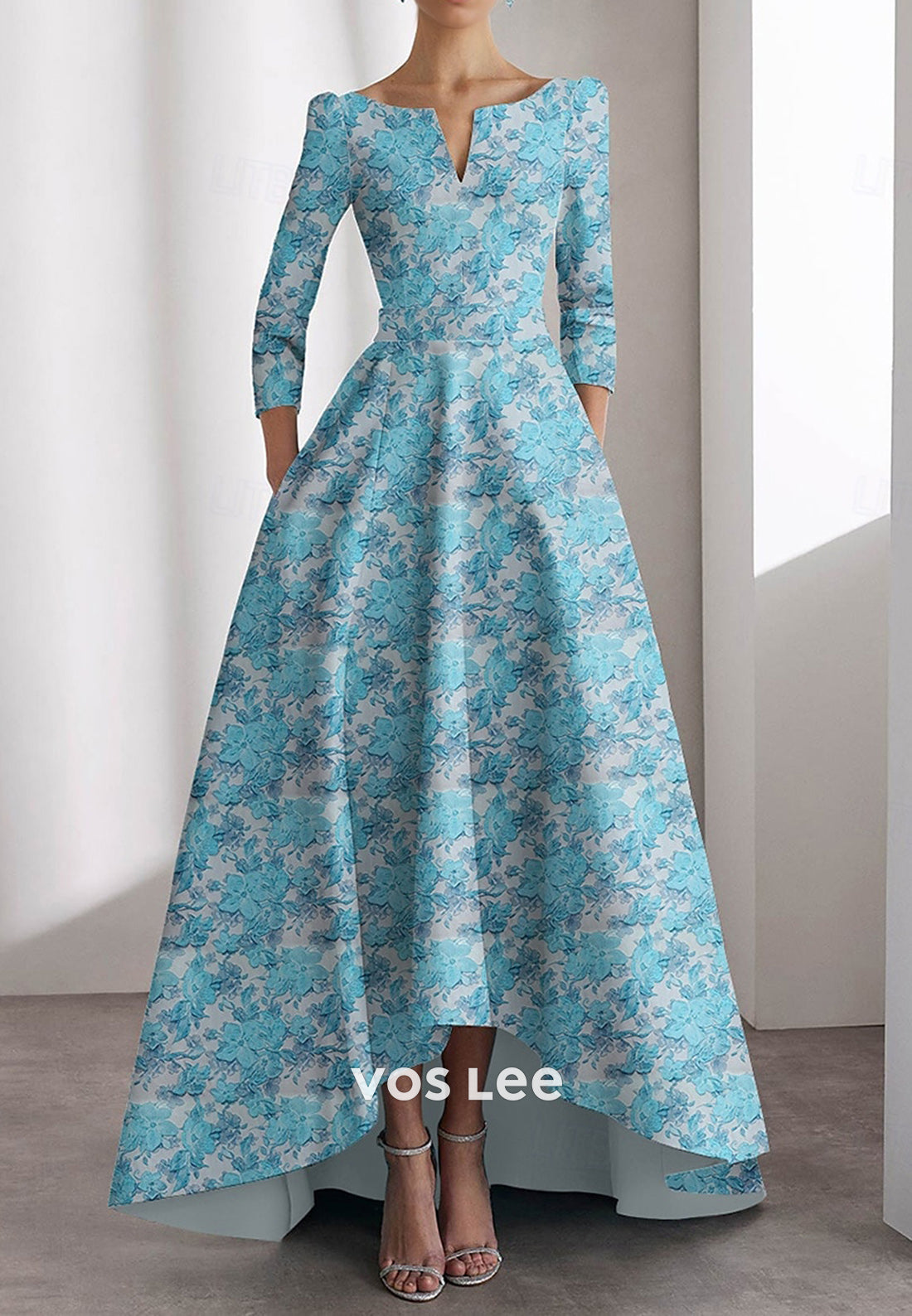 High Low A-Line 3/4 Sleeve Scoop Floral Embellished Evening Dresses