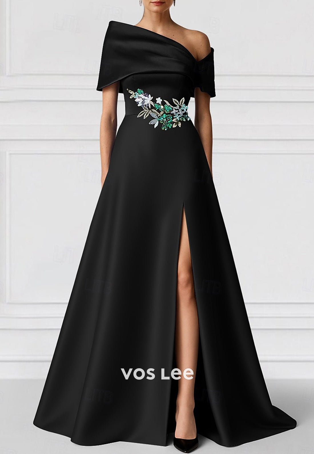 One Shoulder Appliqued Floor-Length Evening Dresses with High Split