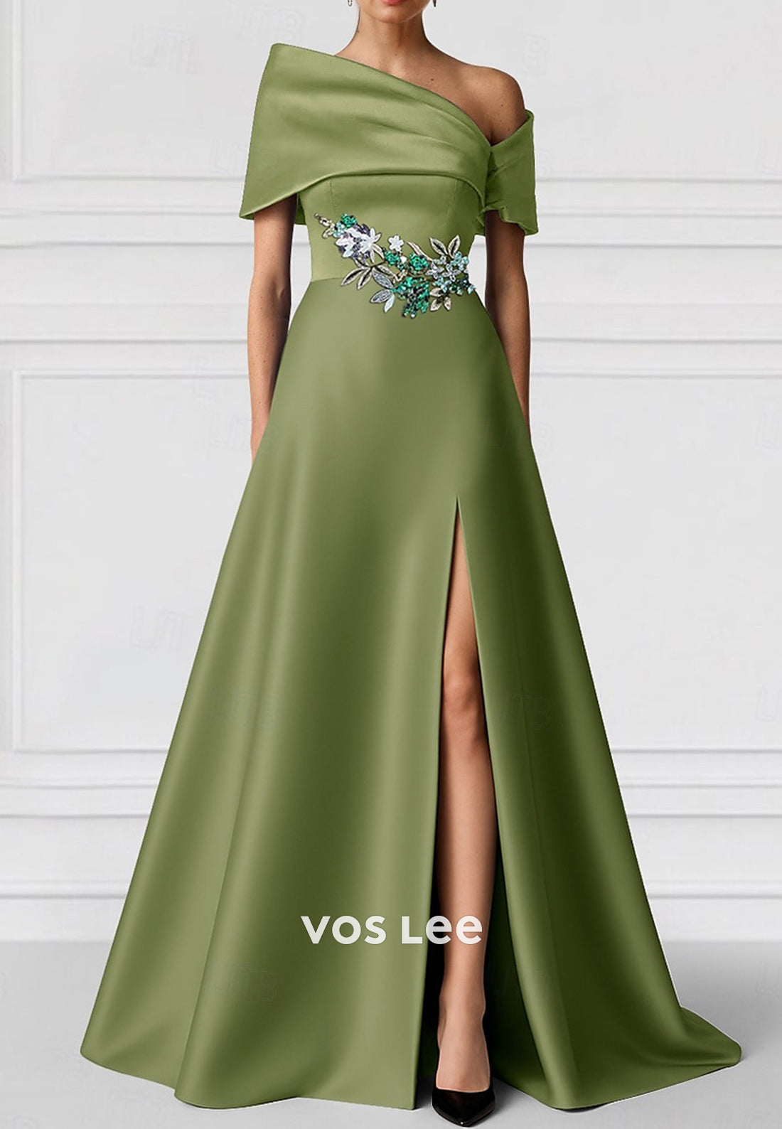One Shoulder Appliqued Floor-Length Evening Dresses with High Split