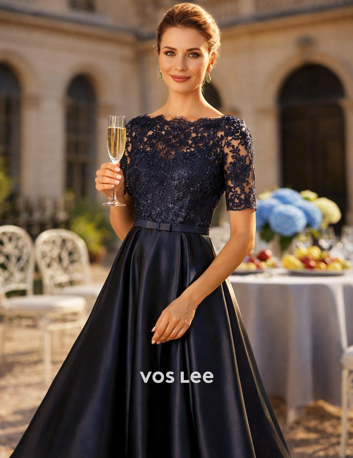 Navy Blue Lace & Satin High-Low Dress Short Sleeve Illusion Neckline Evening Gown