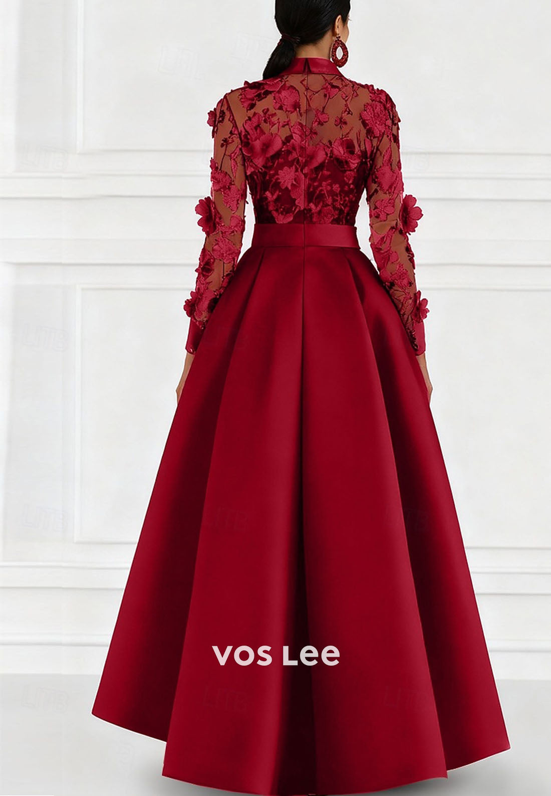 Long Sleeve Shirt Collar Satin Lace with Embroideryg A-Line Floor Length Formal Dress