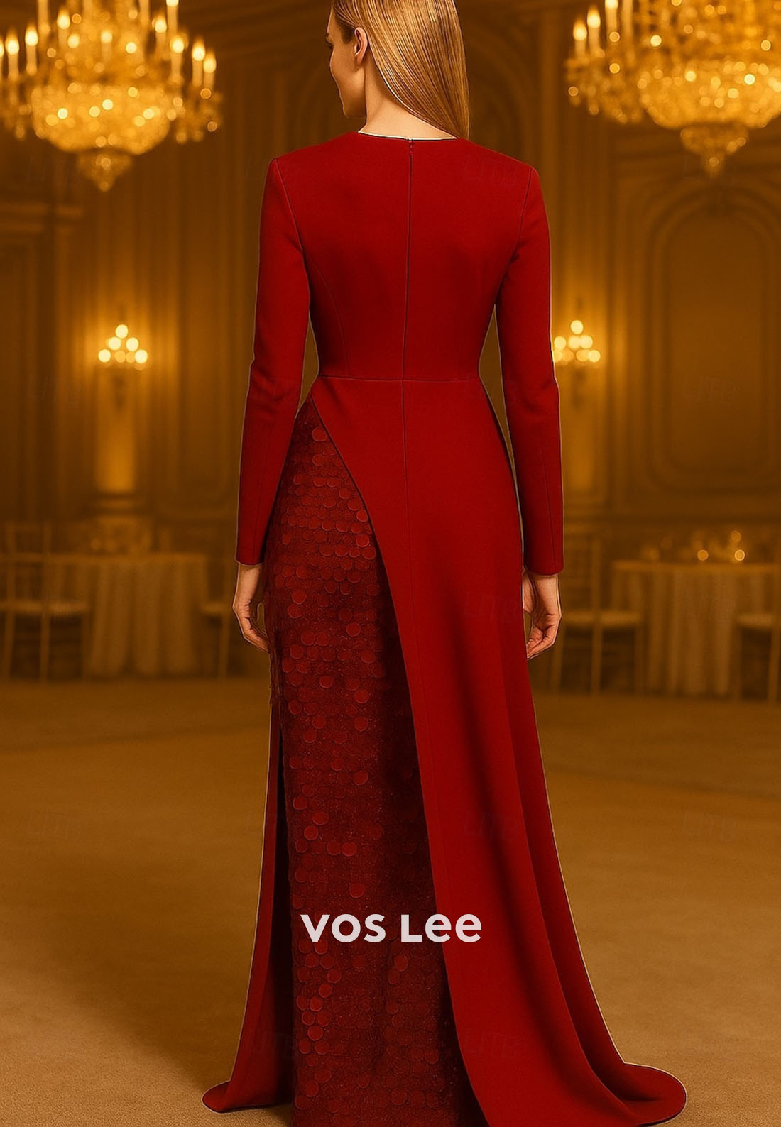 Glittering Sequined A-Line Floor Length Split Evening Gown with Overskirt
