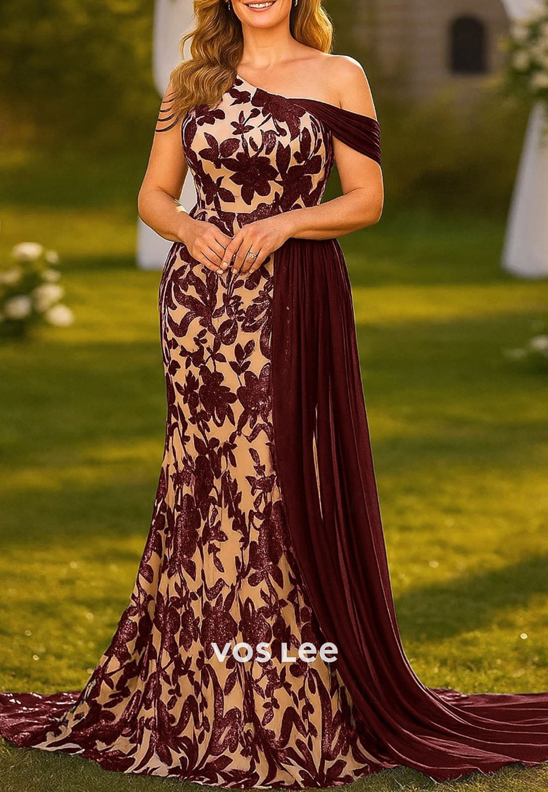 Luxury Off Shoulder Floral Print Sequin A-Line Floor Length Evening Dress