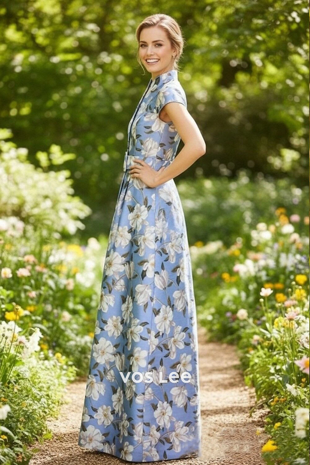 Sky Blue Floral Print Maxi Dress | Cap Sleeve High Neck Formal Gown with Slit