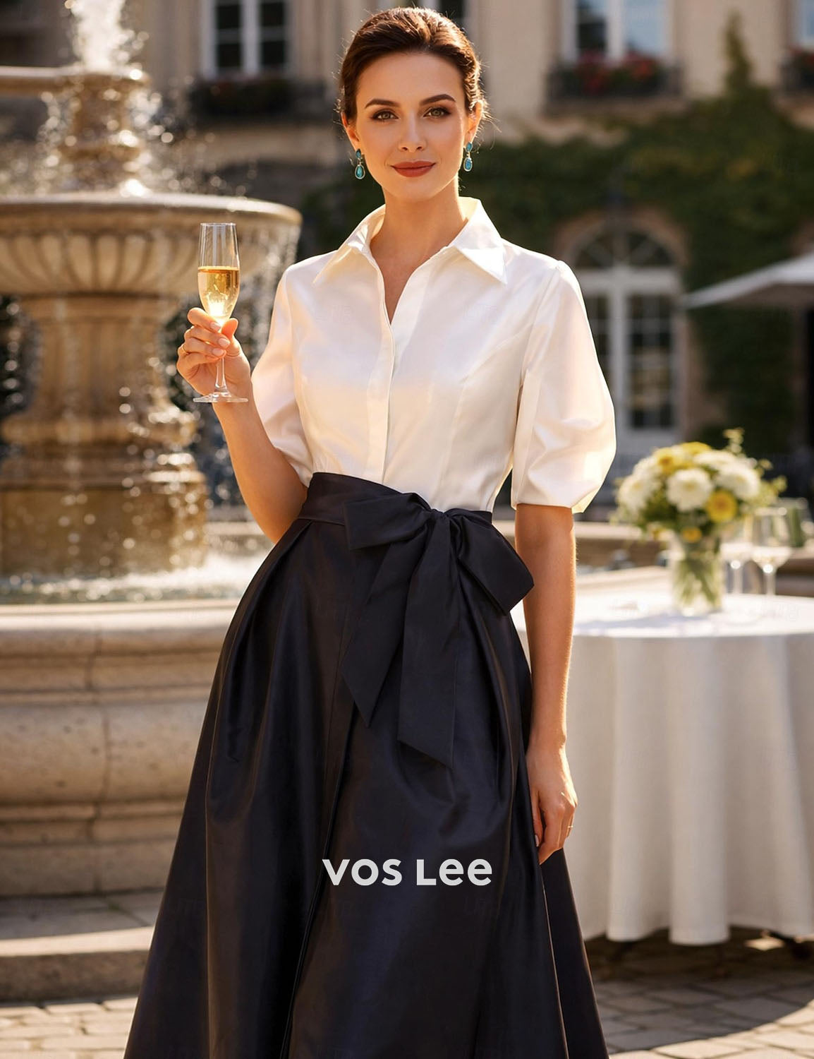 White Blouse & Black Satin Maxi Skirt Set | Puff Sleeve Collared Top with High Waist Bow Detail Formal Skirt