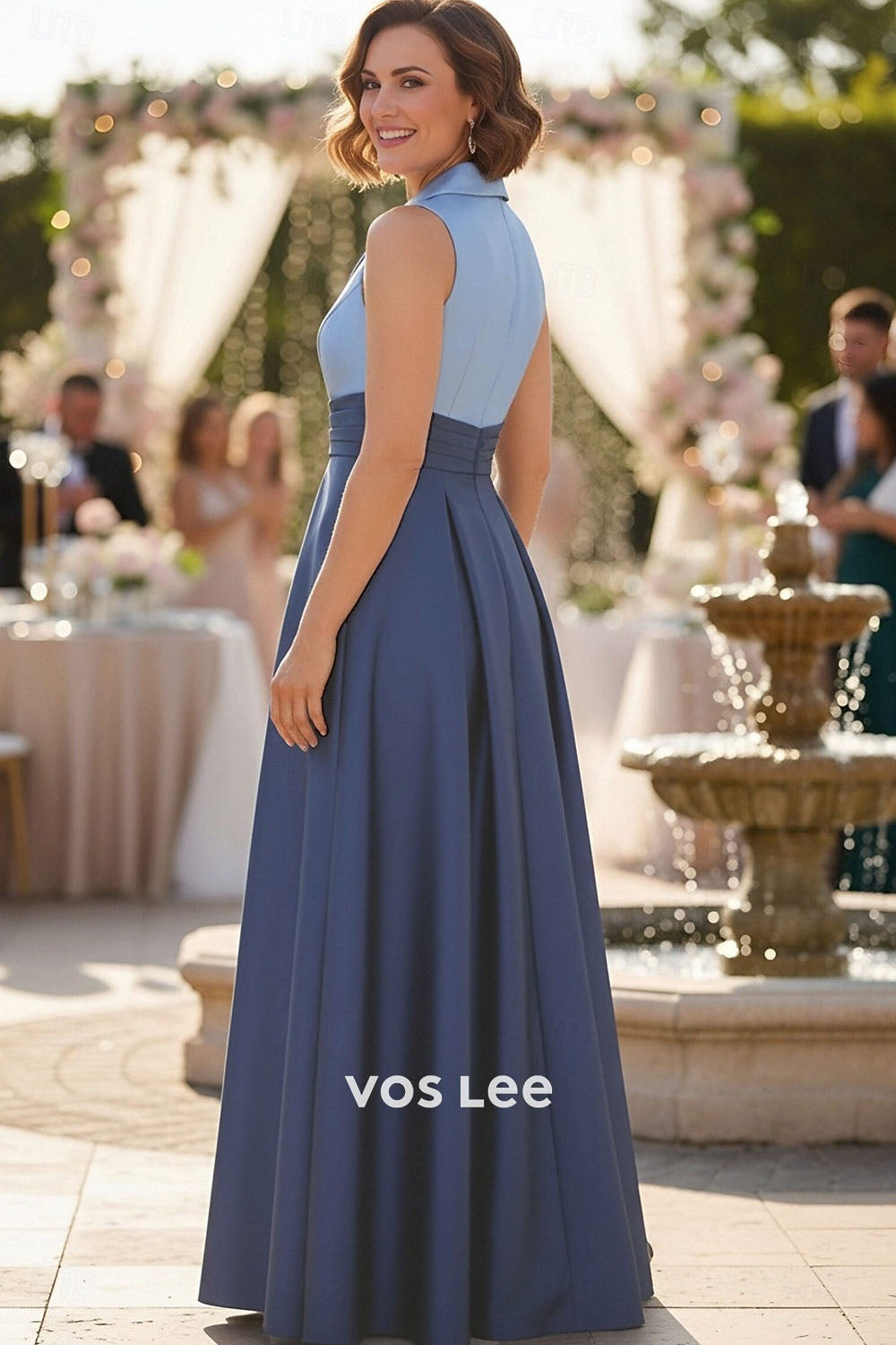 Light & Dark Blue Color Block Sleeveless Maxi Dress | Elegant Wedding & Evening Attire