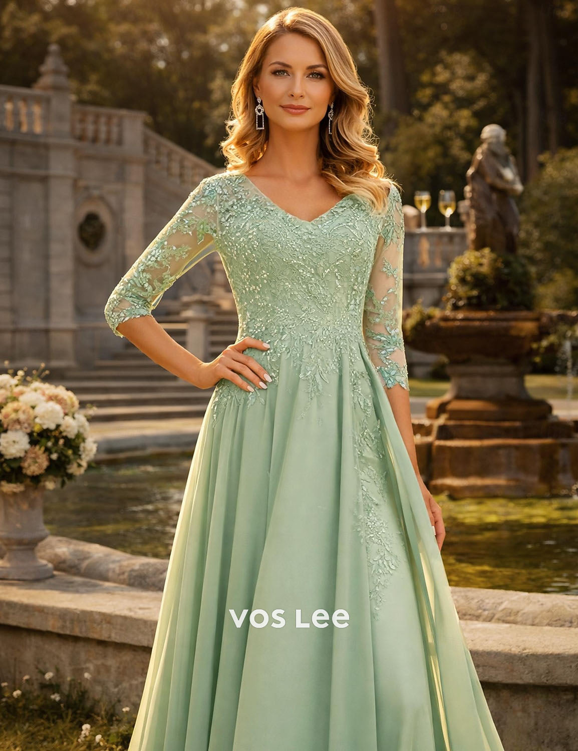 Elegant Sage Green Lace A-Line Evening Dress | 3/4 Sleeve V-Neck Chiffon Gown