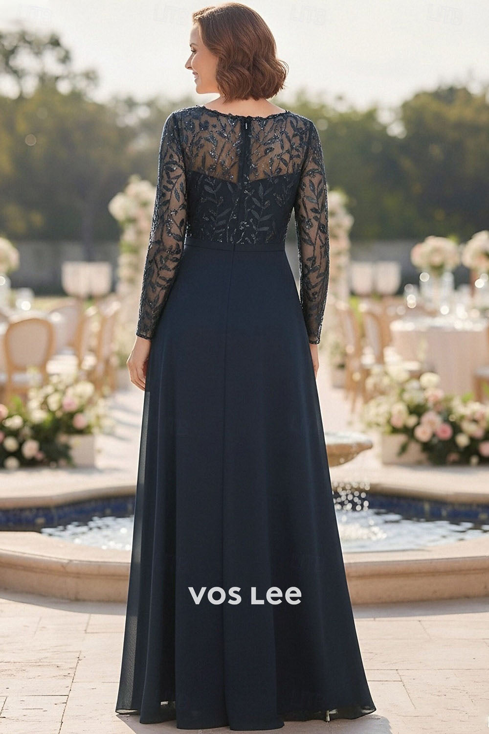 Navy Blue Sequin Lace Chiffon Maxi Dress with Slit | Mother of the Bride & Wedding Guest Formal Gown
