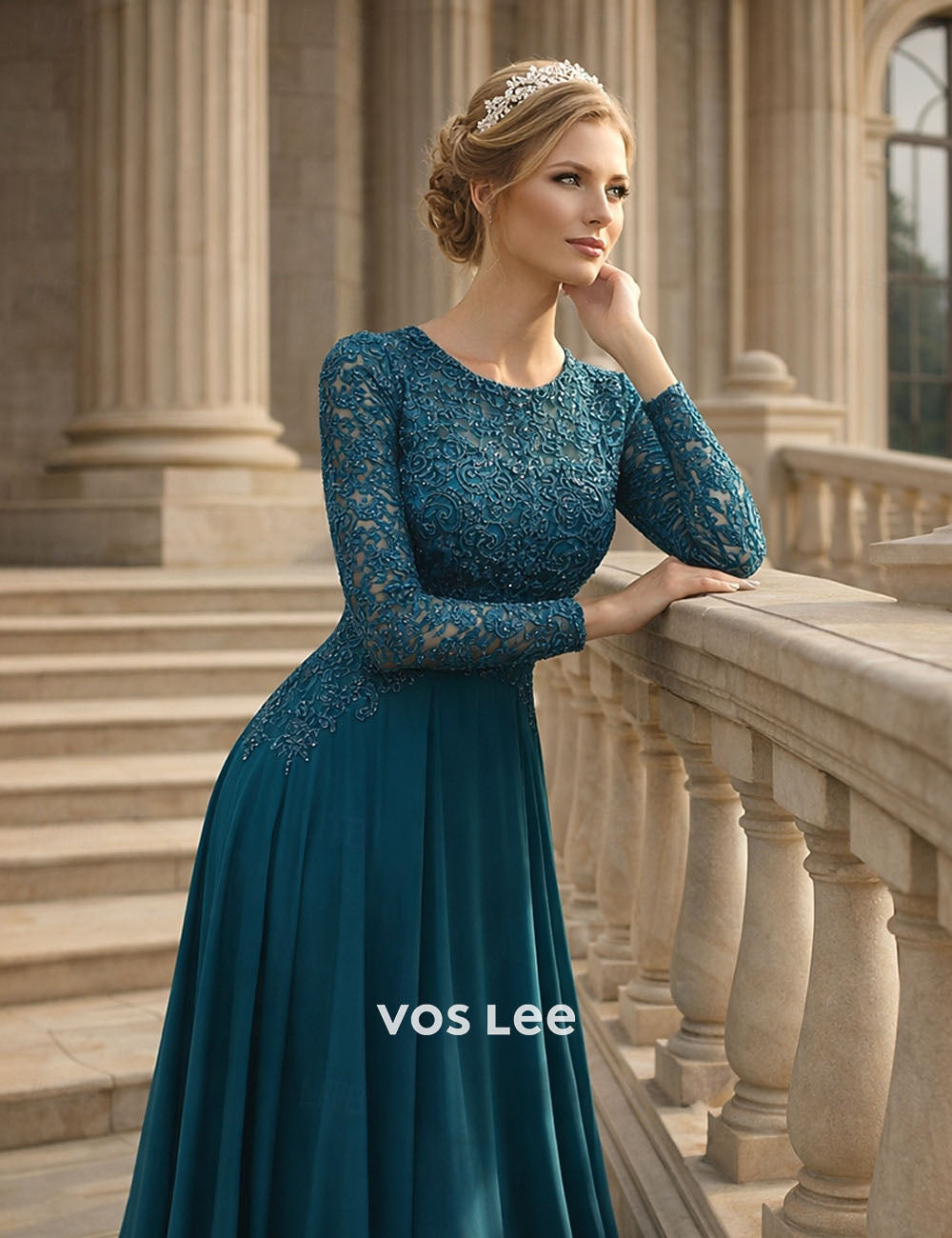 Royal Blue Lace & Chiffon Evening Gown | Long Sleeve Round Neck Formal Dress