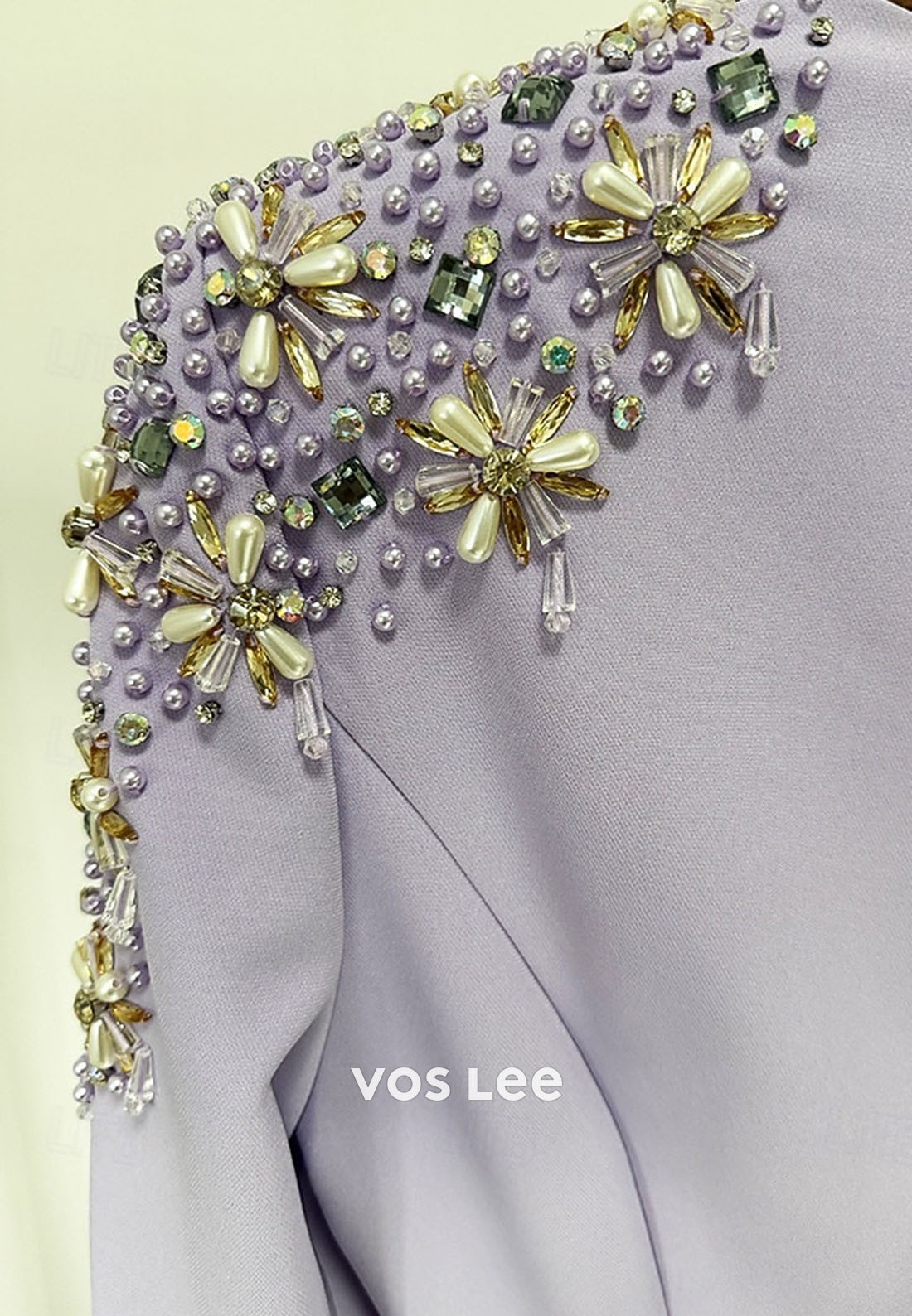 Lavender Evening Gown with Beaded Shoulder Detail – Long Sleeve V-Neck Formal Dress