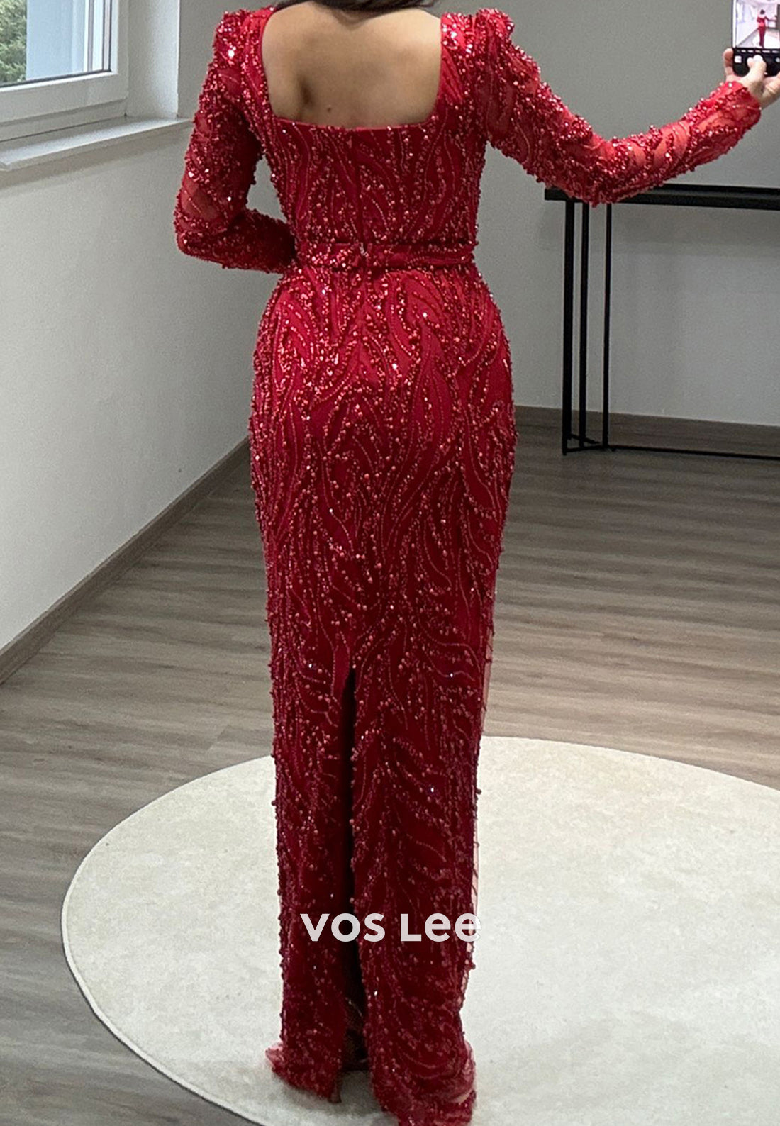 Full Beaded Square Evening Dress Long Sleeves Sheath Formal Party Gown