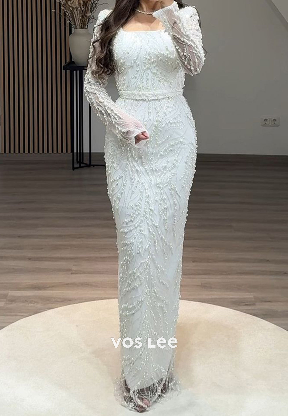 Full Beaded Square Evening Dress Long Sleeves Sheath Formal Party Gown