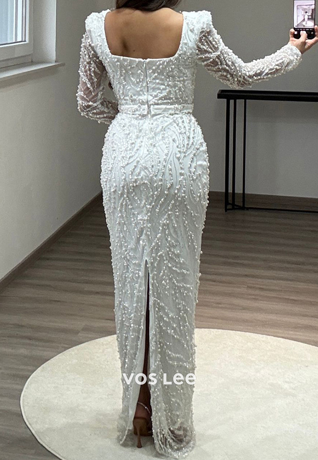 Full Beaded Square Evening Dress Long Sleeves Sheath Formal Party Gown