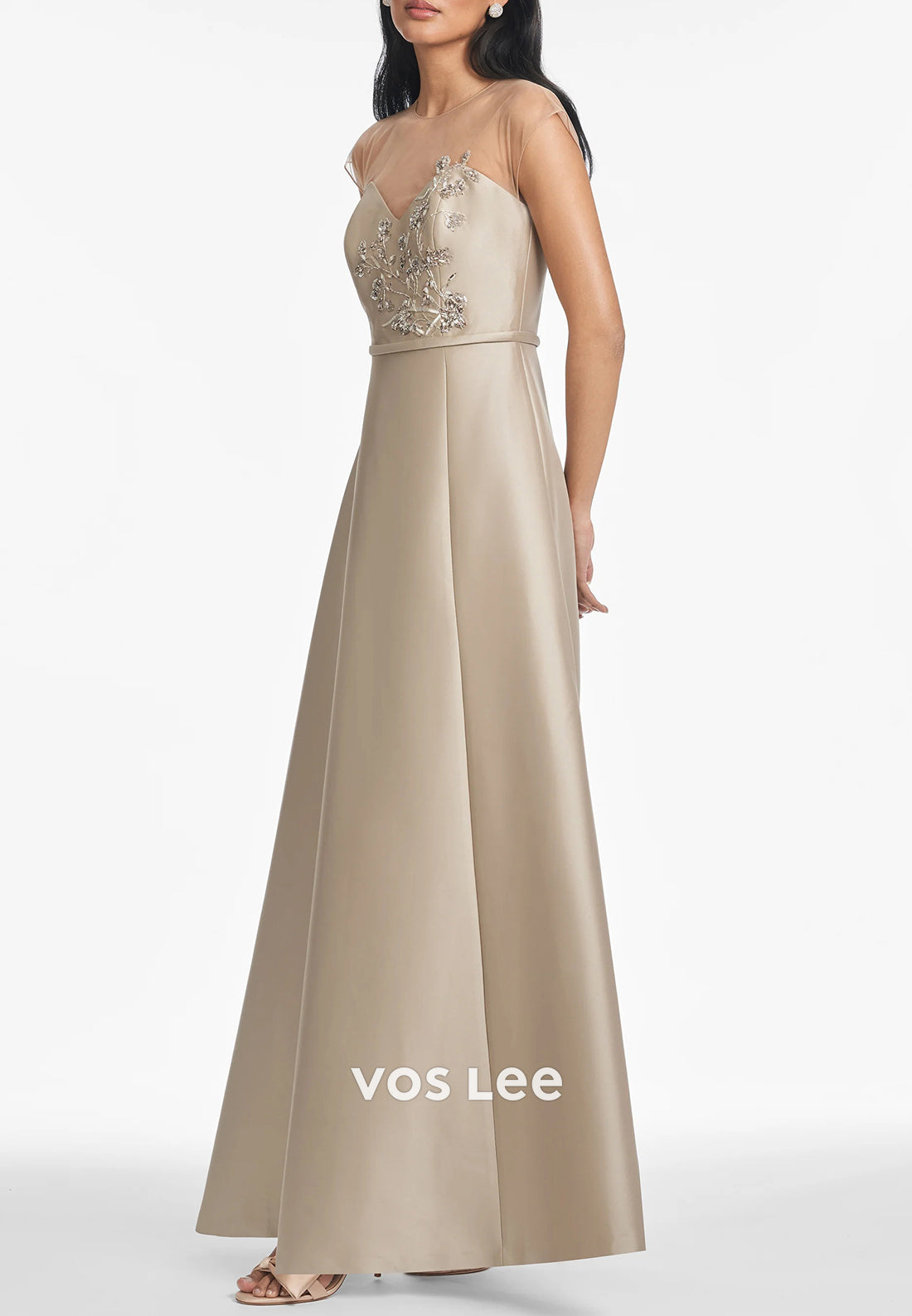 A-Line Illusion Neck Sequins Embellished Floor-Length Pleated Mother of Bride Dresses