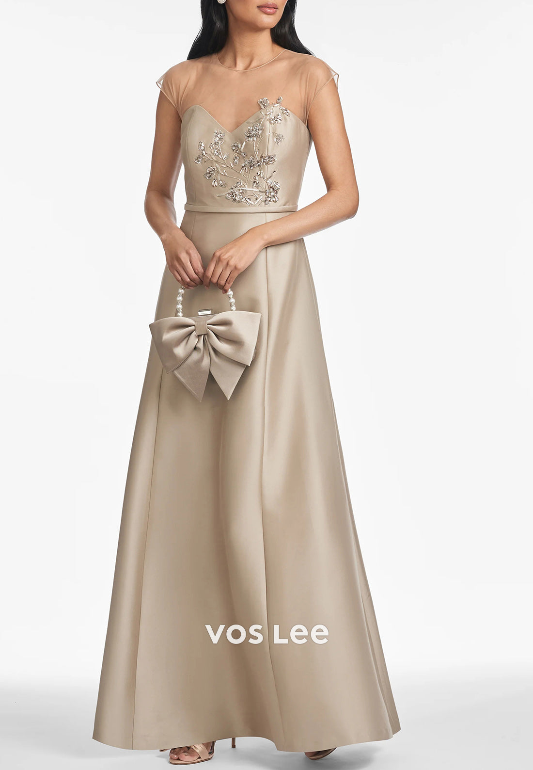 A-Line Illusion Neck Sequins Embellished Floor-Length Pleated Mother of Bride Dresses