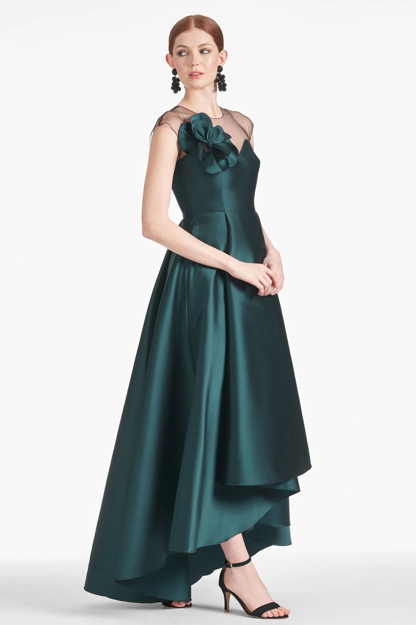Simple & Classic High Low Illusion Neck Floral Embellished Pleated Mother of Bride Dresses
