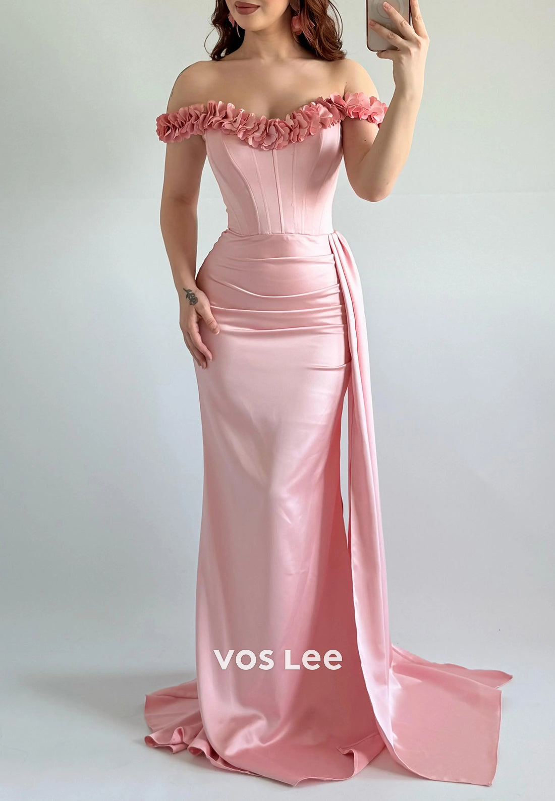 Off the Shoulder Floral Embellished Floor-Length Pleated Mermaid Evening Dresses