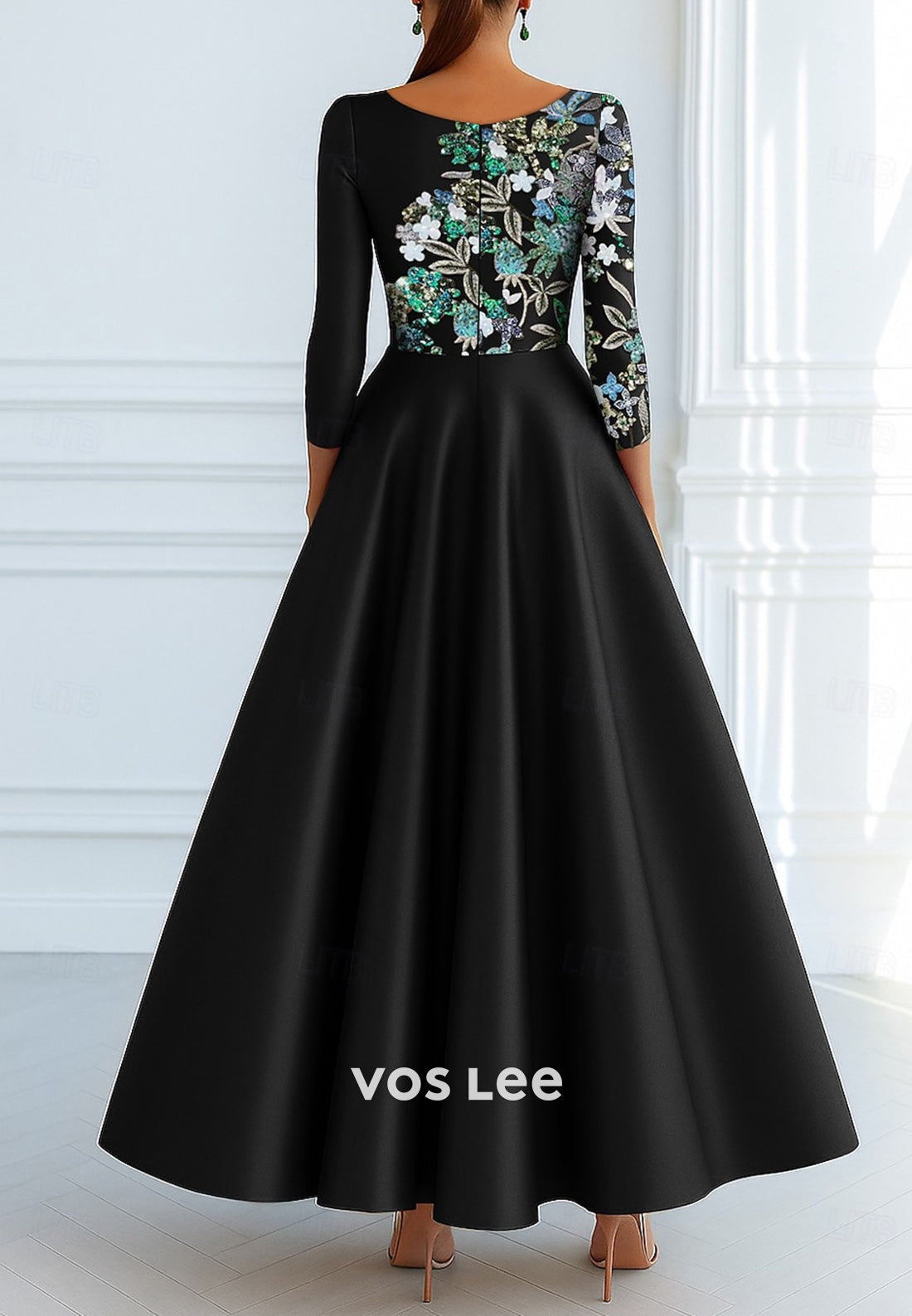 A-Line 3/4 Sleeve Scoop Appliques Ankle-Length Evening Dresses with Pocket