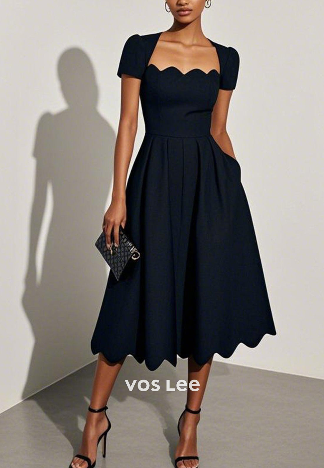 Simple A-Line Short Sleeve Queen Anne Ankle-Length Wedding Guest Dresses