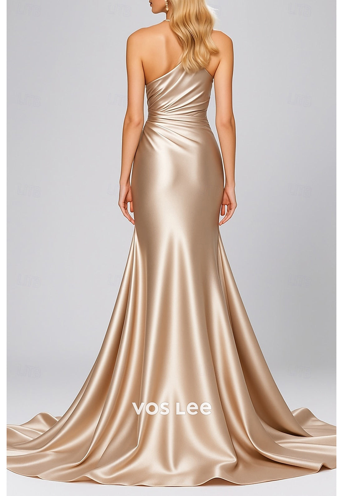 Classic One Shoulder Mermaid Pleated Evening Dresses with Court Train