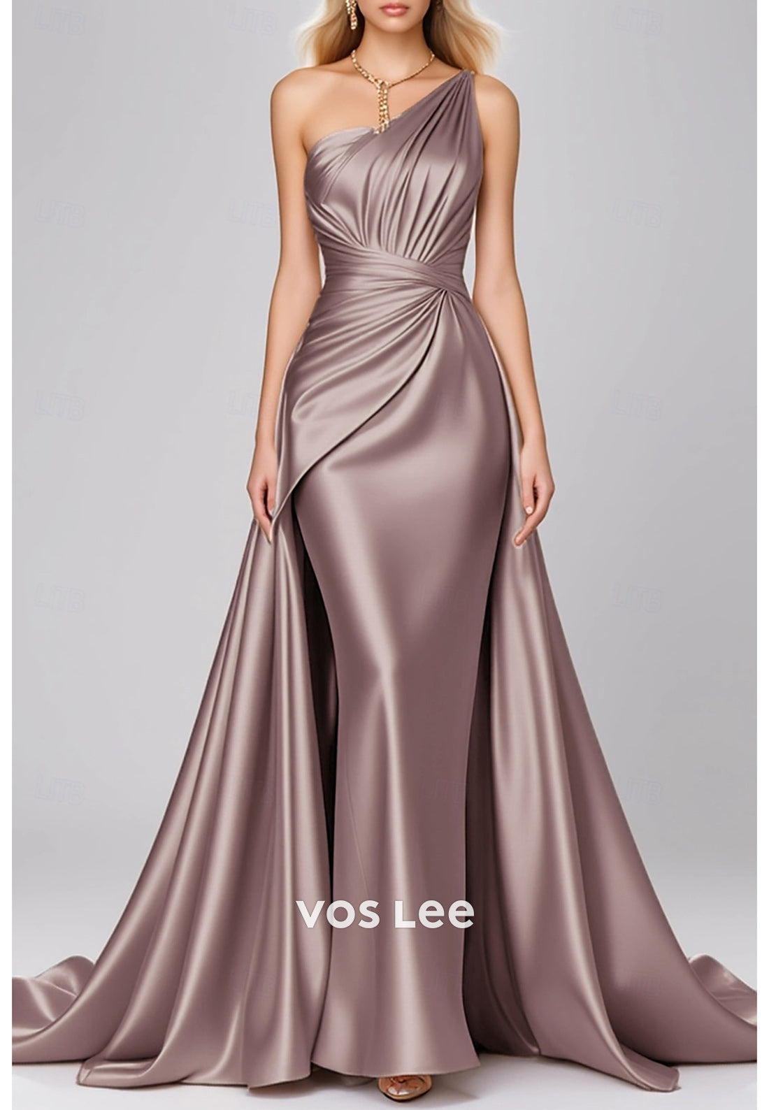 Classic One Shoulder Mermaid Pleated Evening Dresses with Court Train
