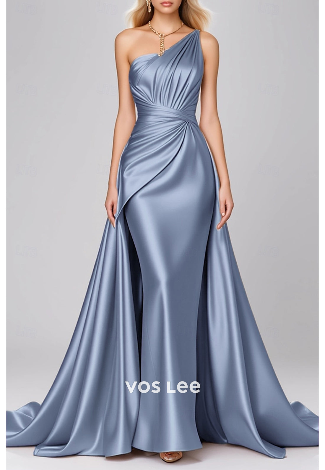Classic One Shoulder Mermaid Pleated Evening Dresses with Court Train