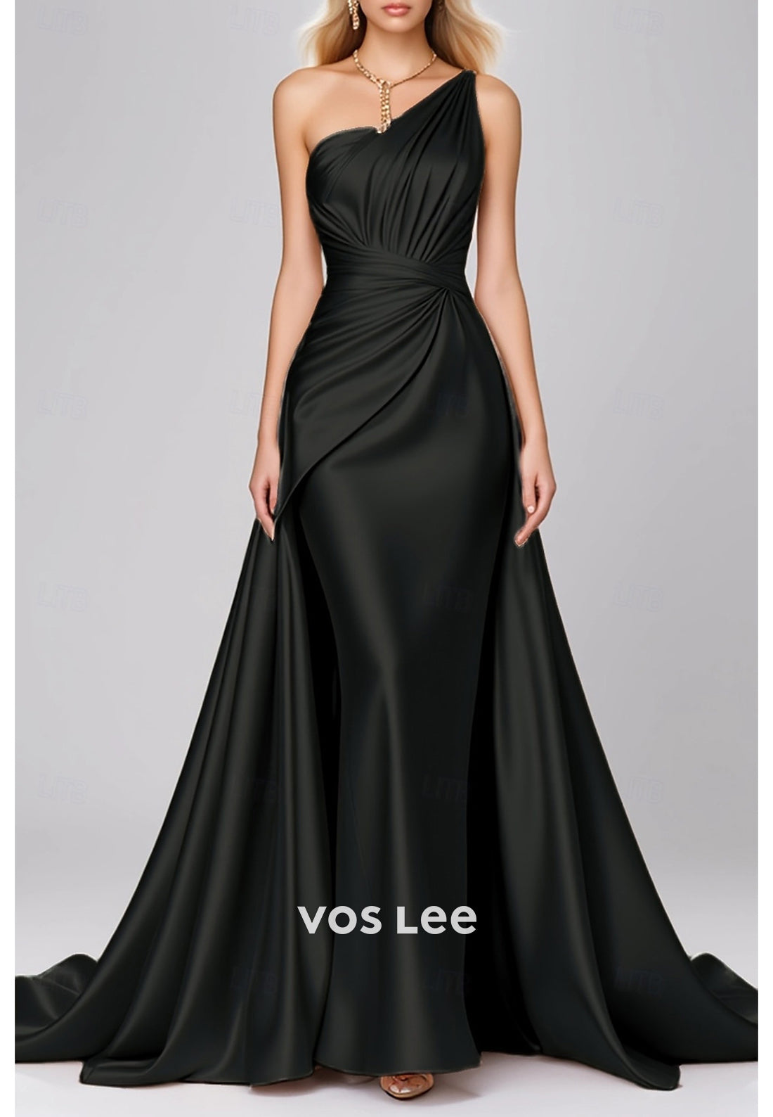 Classic One Shoulder Mermaid Pleated Evening Dresses with Court Train