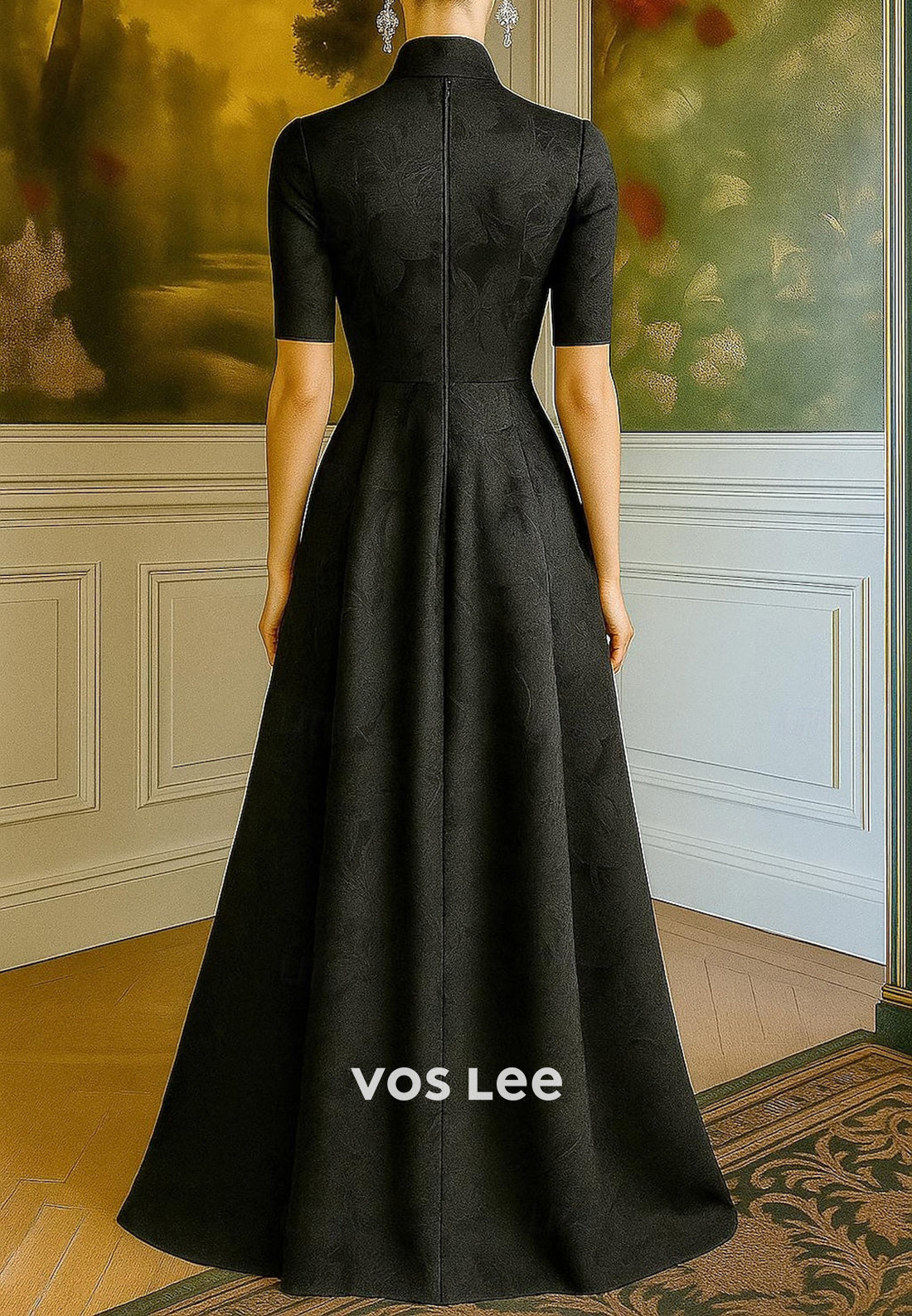 Luxurious Black V Neck Short Sleeve Bowknot Evening Dresses with Split